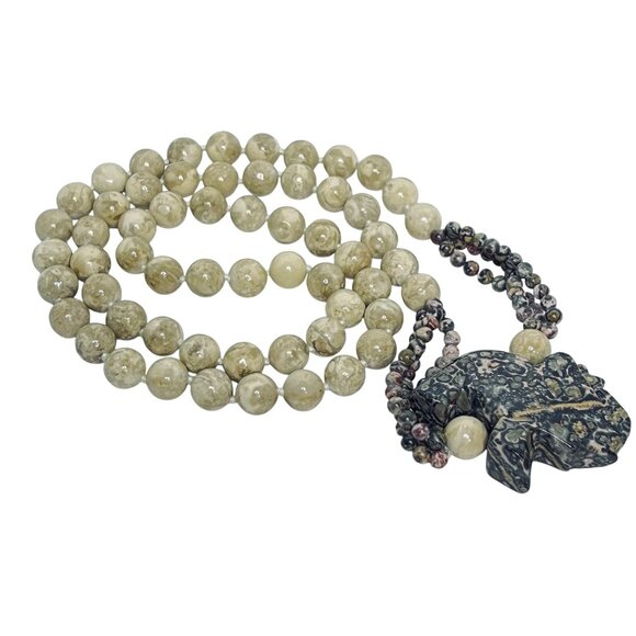 Natural Jasper Stone Carved Elephant Necklace 30” (5572) - Picture 6 of 7